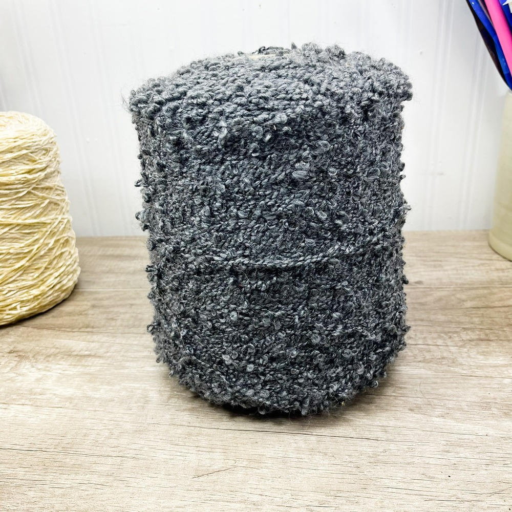 Charcoal Gray Boucle Yarn Cone Textured Slub Knitting Crochet Weaving 8.5in